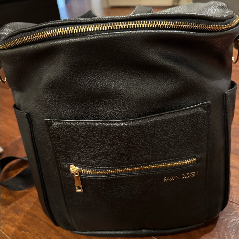 Fawn Design Black Leather Backpack with Gold Accents